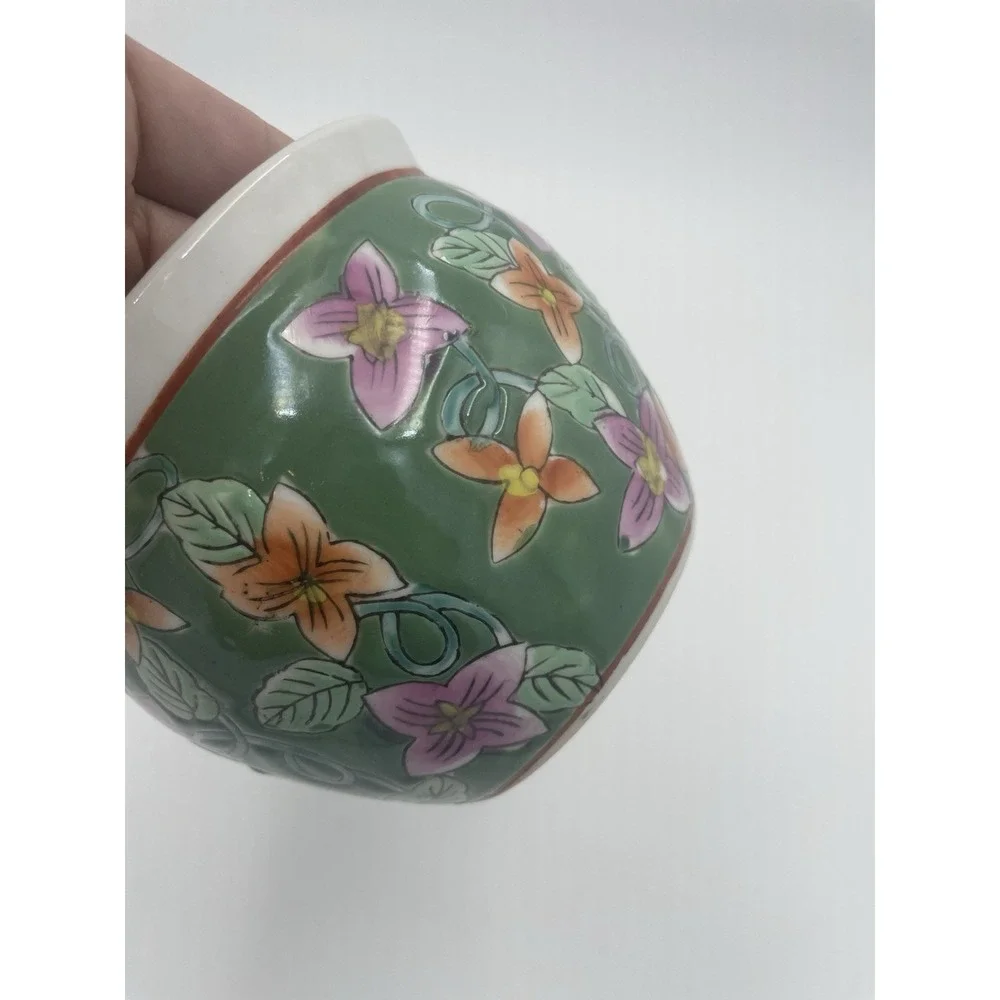 Vintage Small Chinese Jardiniere Planter Pot Floral Hand‎ Painted 3.5